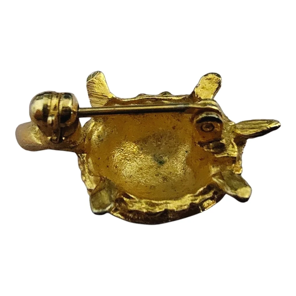 Vintage Gold Tone Green Enamel Turtle Brooch – Small Animal Pin